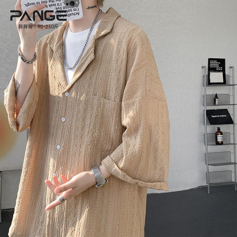 胖胖哥提花袖镂空古巴领衬衫男