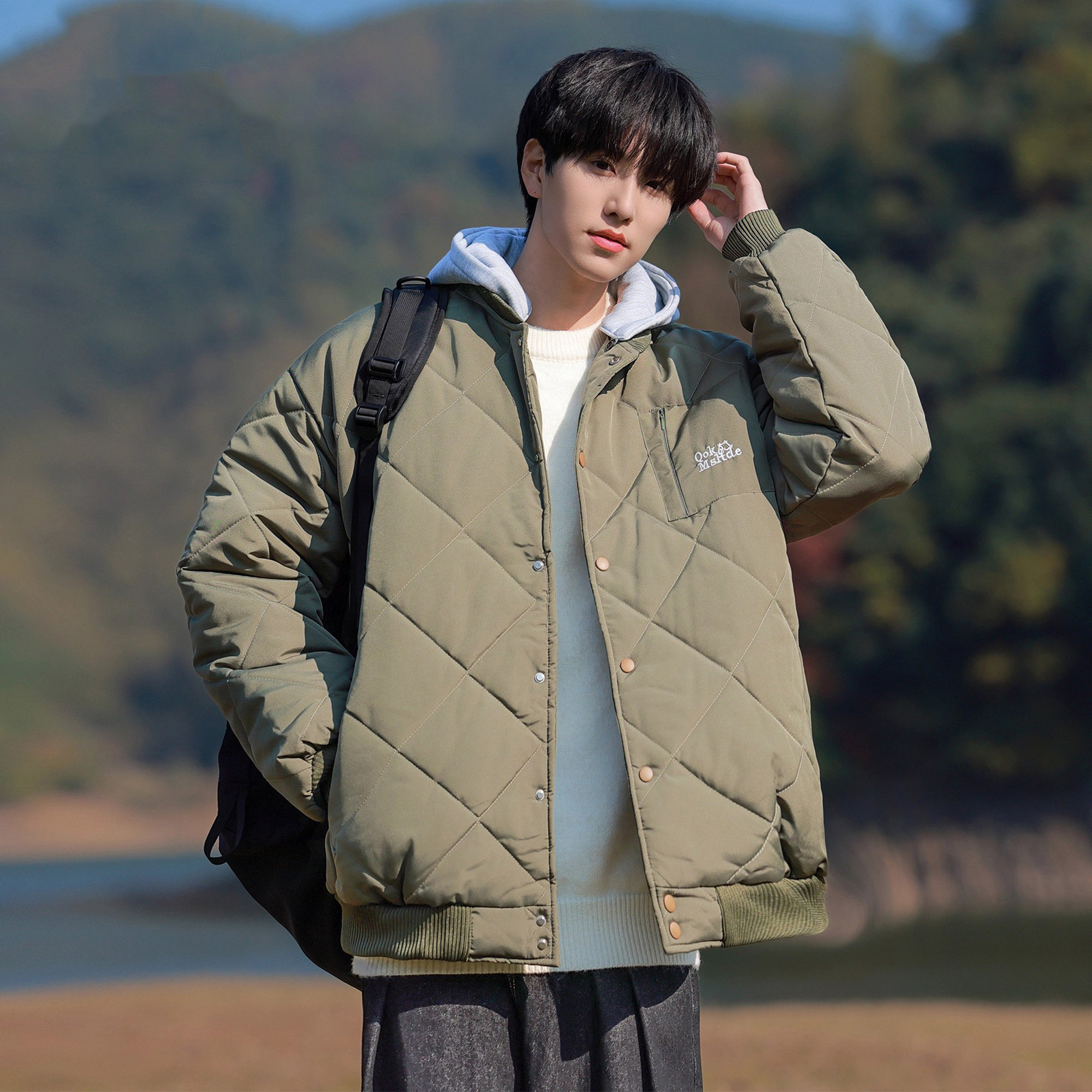 胖胖哥菱格连帽棉衣男冬季重磅大码宽松加厚保暖棒球服外套青少年