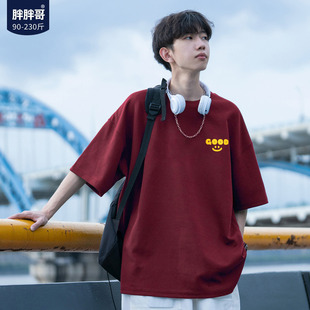 胖胖哥日系纯棉T恤街头男款夏重磅印花大码宽松短袖青年夏季上衣