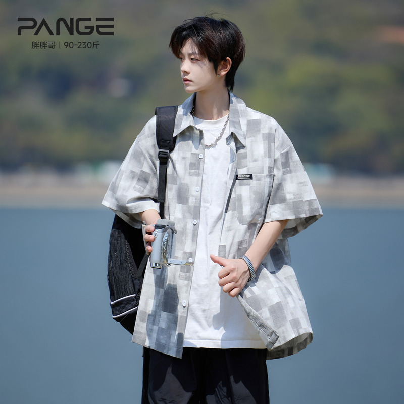 胖胖哥美式痞帅复古格子衬衫男2025新款短袖夏季大码宽松休闲衬衣