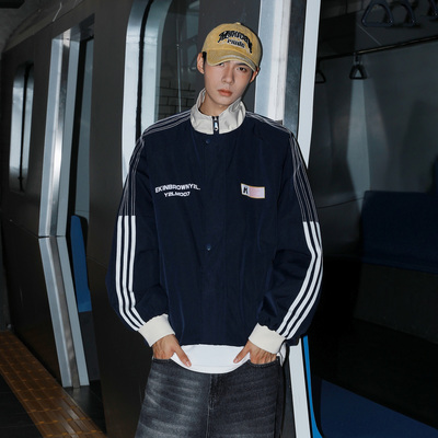 胖胖哥三条杠立领高街夹克男款秋季宽松大码条纹设计感休闲外套潮