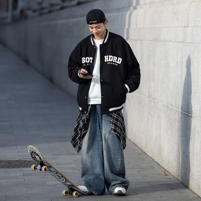 胖胖哥美式复古夹克男款秋大码印花字母棒球服cityboy运动外套