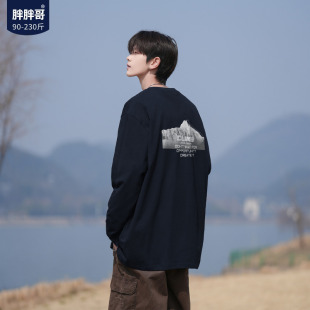 复古大码 T恤男春季 纯棉圆领宽松百搭休闲上衣 雪山长袖 胖胖哥美式