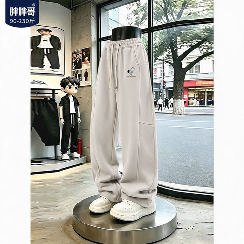 胖胖哥重磅驼色弯刀裤男秋季印花运动裤宽松大码休闲裤运动长裤子