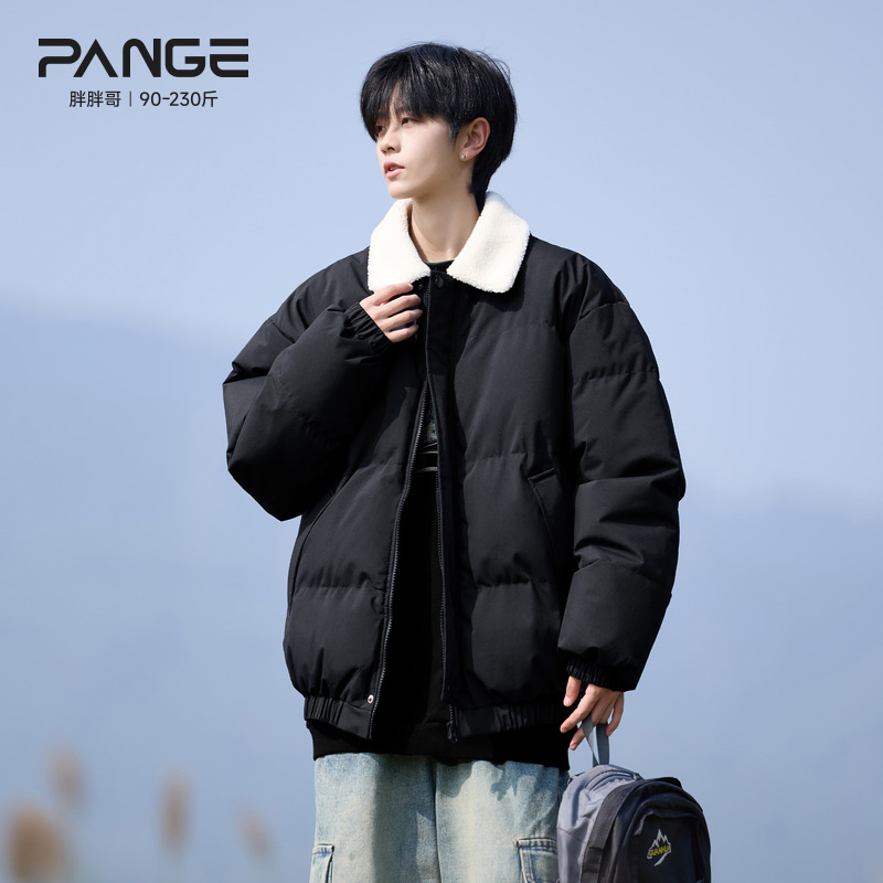 胖胖哥黑色羊羔毛翻领棉服男冬季加厚保暖棉衣复古休闲加绒外套潮