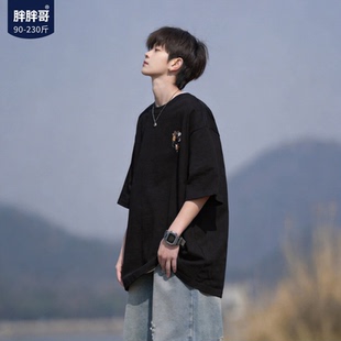 胖胖哥日系纯棉短袖t恤男夏季口袋小猫印花大码宽松半袖黑色体恤