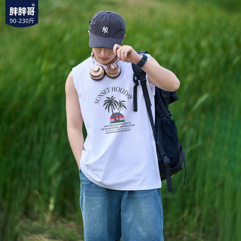 胖胖哥美式沙滩背心男士夏季新款坎肩大码宽松痞帅纯棉无袖T恤潮