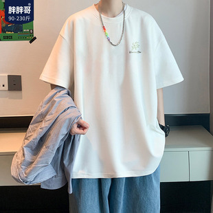 大码 宽松圆领体恤内搭小白T潮 t恤男生夏季 胖胖哥竹叶印花纯棉短袖