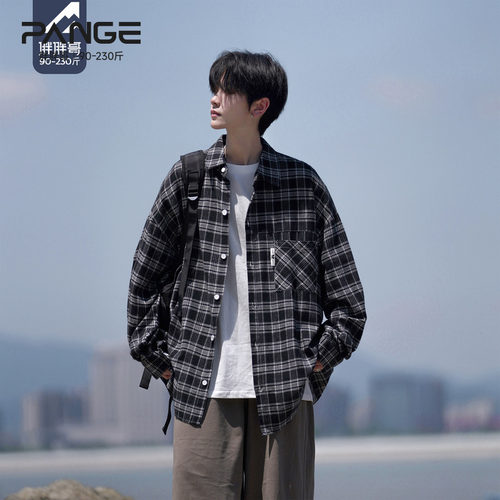 长袖衬衫格子大码宽松日系潮流胖