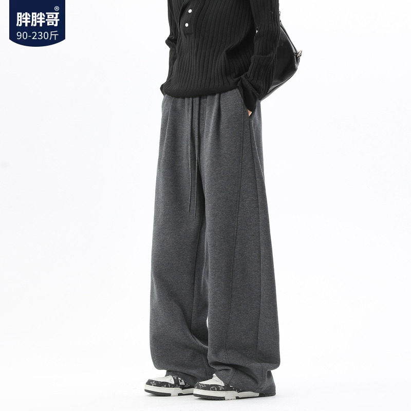 胖胖哥美式重磅弯刀裤子男款秋宽松大码运动裤深麻灰卫裤休闲长裤