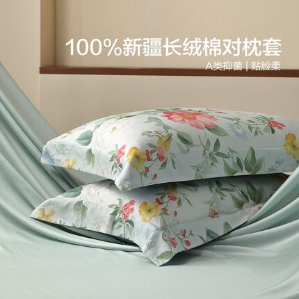 水星家纺100全棉枕套60支长绒棉对枕头套纯棉枕芯套枕头皮一对装