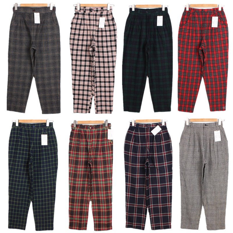 vintage古着日系原宿高腰森女文艺秋冬羊毛呢萝卜格子裤子 B2