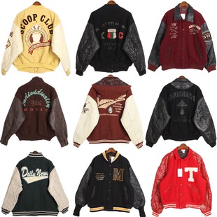 vintage古着双袖真皮牛皮刺绣徽章撞色拼接棒球服夹克毛呢外套E15