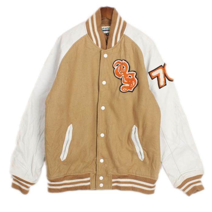 vintage古着日系真皮牛皮 撞色拼接刺绣徽章 棒球服毛呢夹克外套