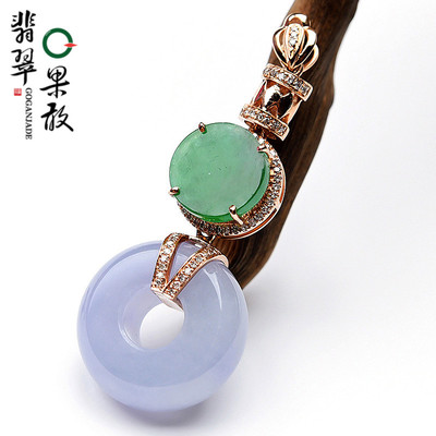 X12213果敢翡翠 淡紫阳绿翡翠平安扣挂件玉坠缅甸玉石镶18K金吊坠