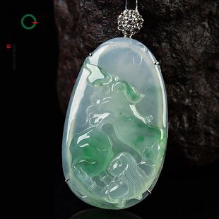 XZ8427果敢翡翠 冰绿翡翠女娲补天挂件玉坠缅甸玉石镶嵌18K金吊坠