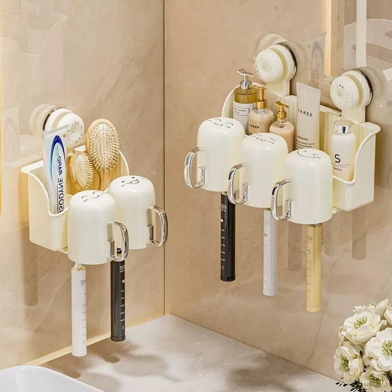 吸盘牙刷置物架壁挂式免打孔家用化妆室儿童电动牙刷牙膏漱口杯架
