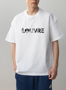 The Louvre探索卢浮宫衣服 纯棉短袖T恤男女情侣黑白字母学生夏装