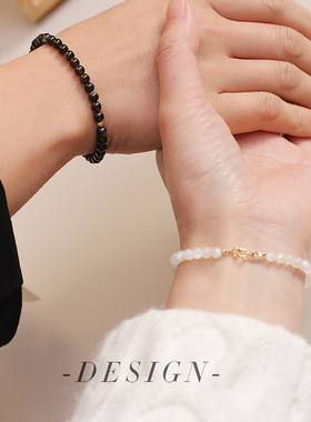 天然黑曜石水晶情侣手链一对个性情侣款简约学生月光石闺蜜手串