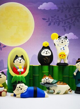 温泉月夜达摩秋刀鱼猫咪公仔摆件