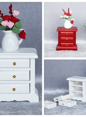 1:12娃娃屋dollhouse迷你家具模型场景床头柜抽屉柜子白红色边柜