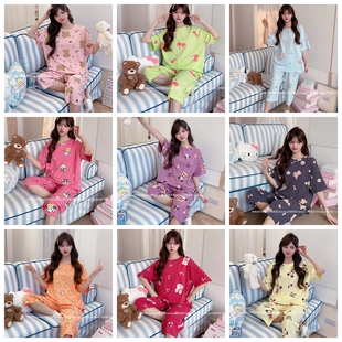 梵熙语2026睡衣夏季新款纯棉短袖胸垫卡通套装休闲七分裤家居服