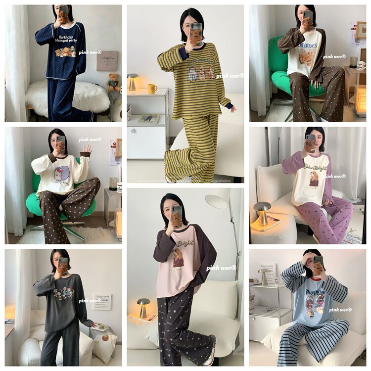 pinkweo春秋新款棉小闲女睡衣针织棉长袖长裤卡通甜美家居服套装