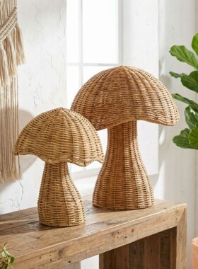 欧式藤编蘑菇装饰摆件酒店名宿床头卧室简约编织轻奢装饰品
