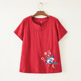 棉麻女装加大码绣花夏装文艺短袖T恤薄款减龄洋气中年妈妈装