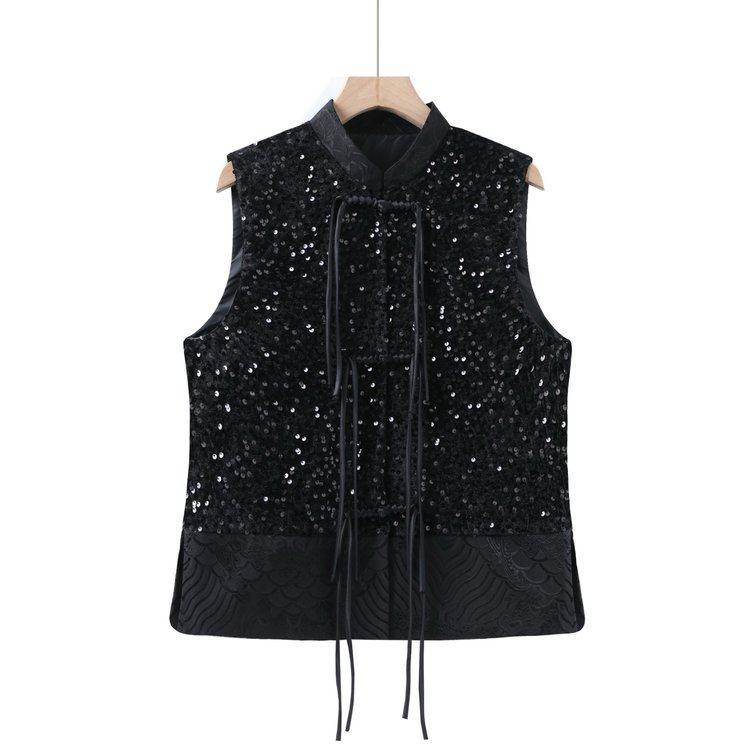 新中式马甲国风星河亮片立领丝绒流苏盘扣背心新款黑色外套,女装/女士精品,马夹,淘宝优惠券,粉丝福利购,淘宝优惠卷