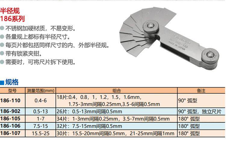 日本三丰mitutoyo 半径规186-105-106半径样板 r规0.4-6 186-110
