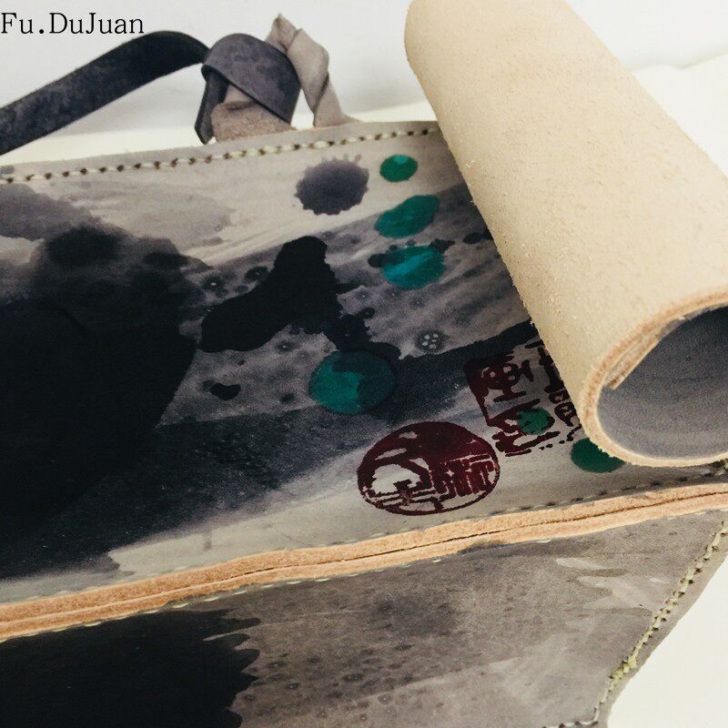 中国原创设计【卷轴】 Fu.DuJuan复古头层牛皮手提包 水墨手工包