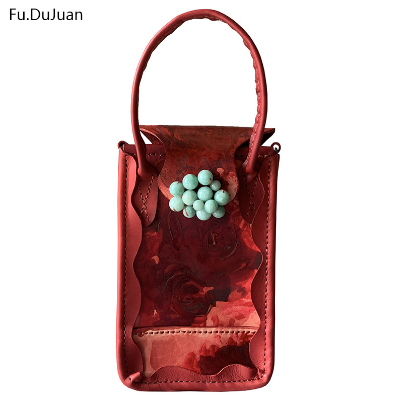 原创手袋重工手绘 国风女包 拼接包 手工包 手提包 斜挎包 红牡丹