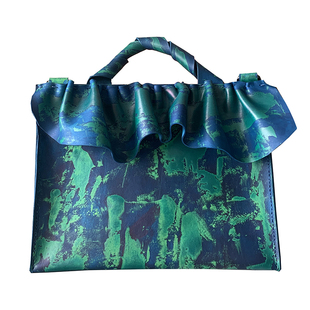 设计质感 蓝绿 女 中国原创 荷叶边手提包 手绘  轻薄通勤 斜挎包