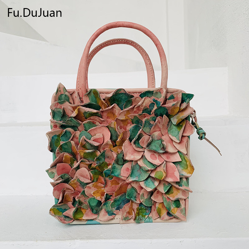 Fu.DuJuan 绝美公主花瓣包 繁花名媛牛皮手工手提 斜挎包 治愈粉