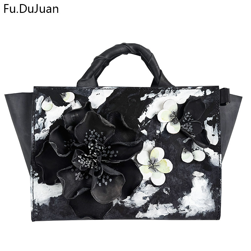 Fu.DuJuan 【傲骨寒梅】原创设计大容量植鞣革水墨立体手提斜挎包