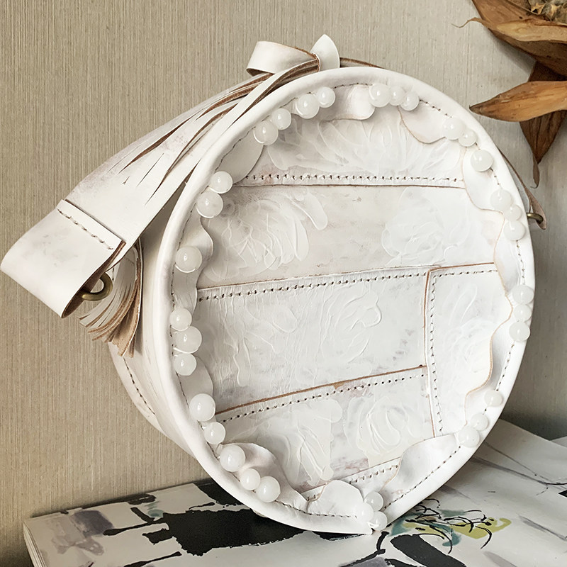 【归朴】圆包原创甜美优雅 玉石拼接手提包 牛皮 手工包 白色斜挎