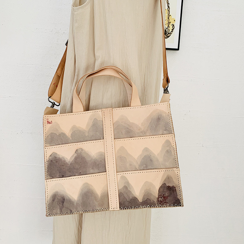 Fu.DuJuan 设计师 大气公文 水墨灰山水 手工拼接包 斜挎手提包