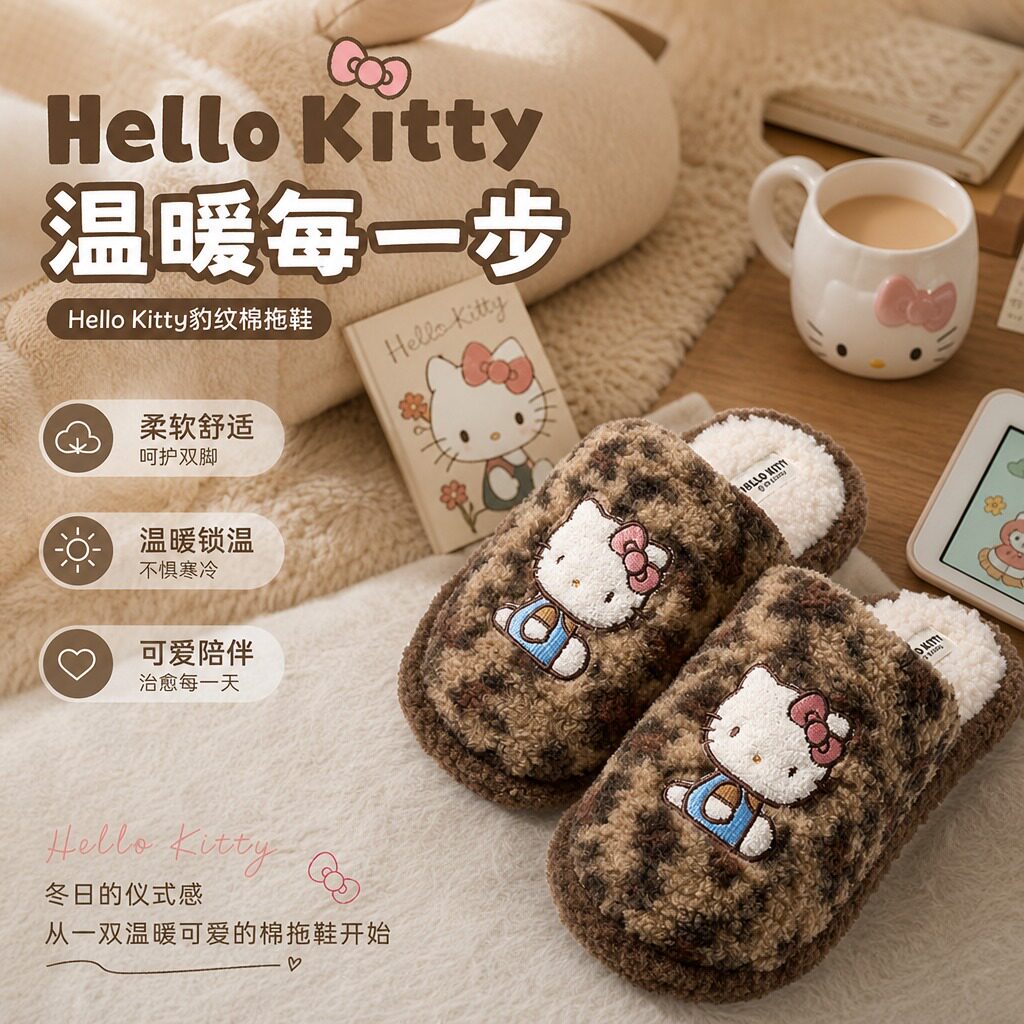 三丽鸥豹纹kitty棉拖鞋女秋冬季加绒毛拖鞋居家防滑保暖毛绒拖鞋图片