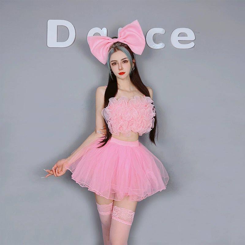 定制DS演出服酒吧gogo秀气氛派对可爱女dj领舞性感花边粉色裙套装