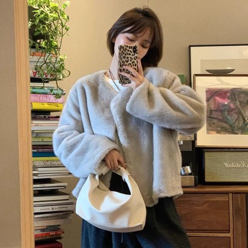 NEKODIARY丨雾感绒毛 软糯仿水貂 时髦廓形圆领环保仿皮草毛外套