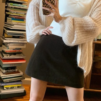 NEKODIARY丨浓郁美拉德 秋冬加厚质感麂皮绒短款高腰A字半身裙