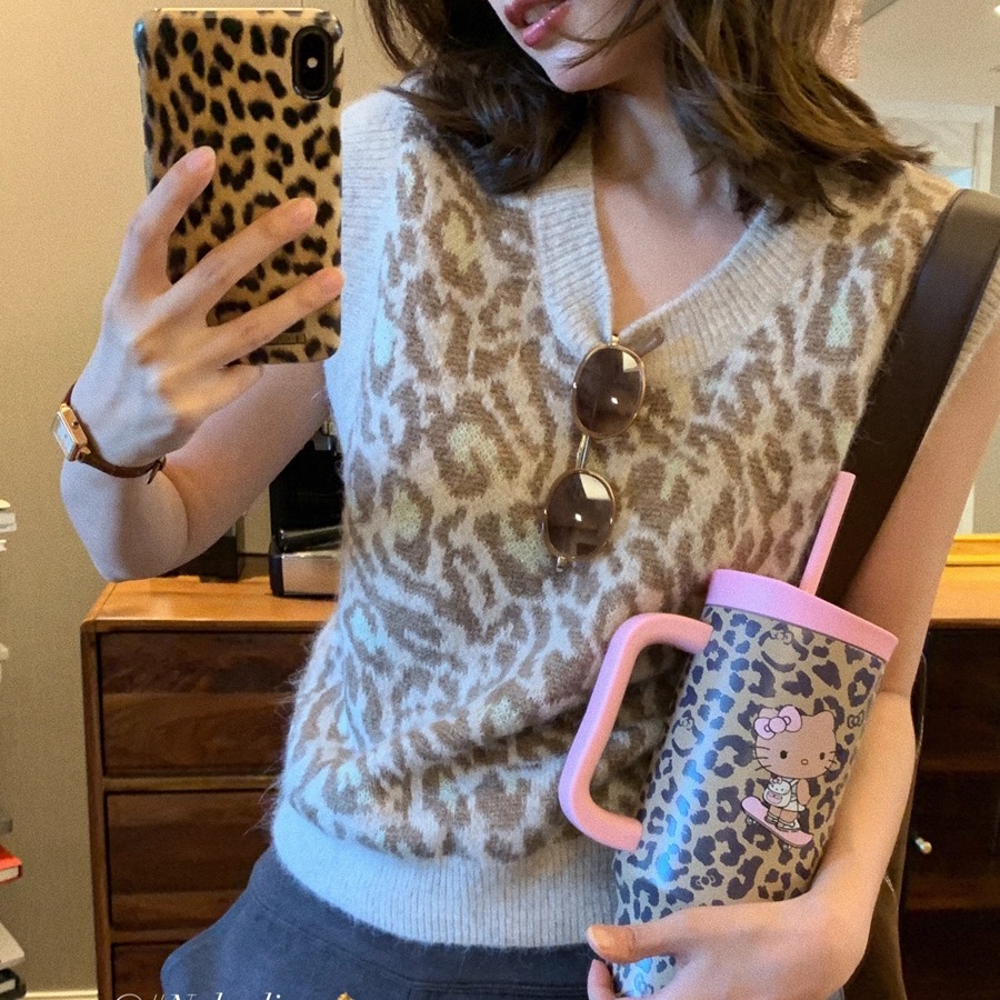 NEKODIARY丨粉红小野豹 复古时髦豹纹针织羊毛背心马甲圆领上衣