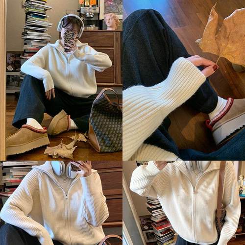 NEKODIARY丨极简黑白灰 经典复古博主polo领半拉链高领针织衫毛衣