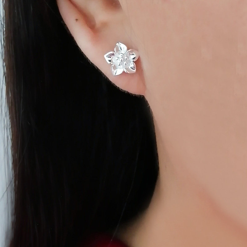 999足银耳钉纯银女气质玫瑰花爱心形蝴蝶精致弯钩耳钉四叶草耳饰