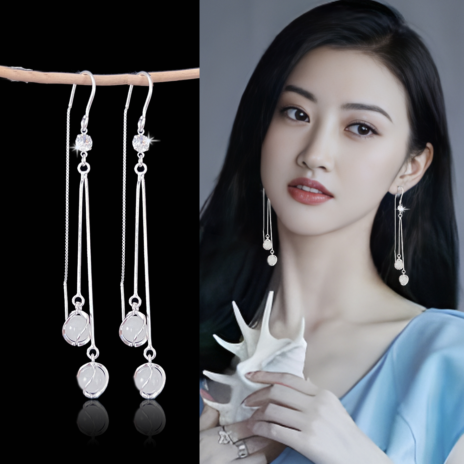 S999纯银耳环女气质玫瑰百合长款流苏耳钩耳坠防过敏耳线送女朋友