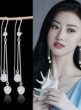 S999纯银耳环女气质玫瑰百合长款流苏耳钩耳坠防过敏耳线送女朋友