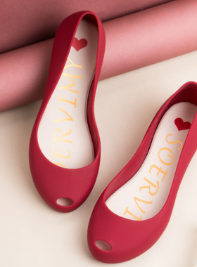 秋夏鱼嘴下雨天塑料防水一脚蹬平跟果冻鞋凉鞋软胶糖果单鞋女红色