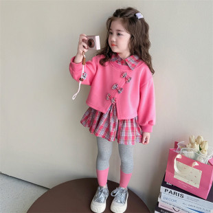 女童洋气春秋季格子卫衣套装宝宝2026新款超好看小香风春装女孩潮