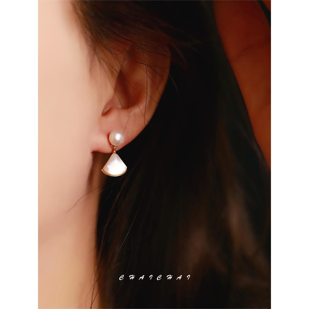 扇形几何耳钉天然珍珠精致